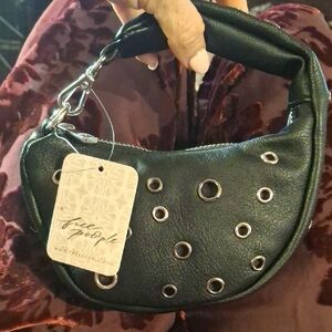 Free People Black Crescent Mini Bag with Silver Grommets